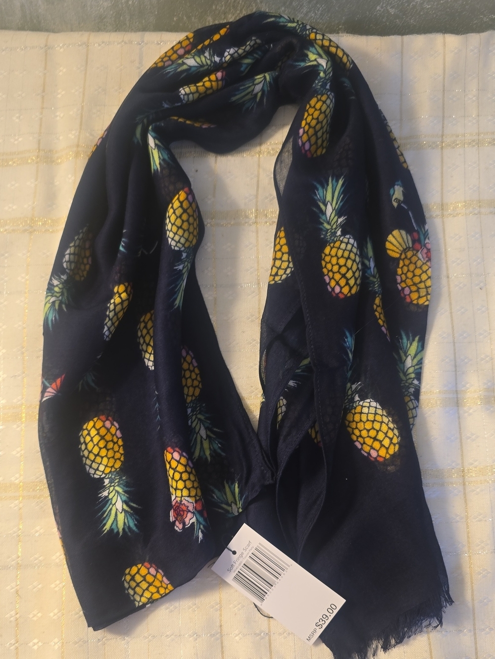 Vera Bradley Soft Fringe Navy Blue  Pineapple Toucan Party Scarf 72x26in New
